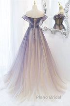 Purple Gradient A-Line Beaded Tulle Long Formal Prom Dresses, Floor Length Purple Evening Dresses