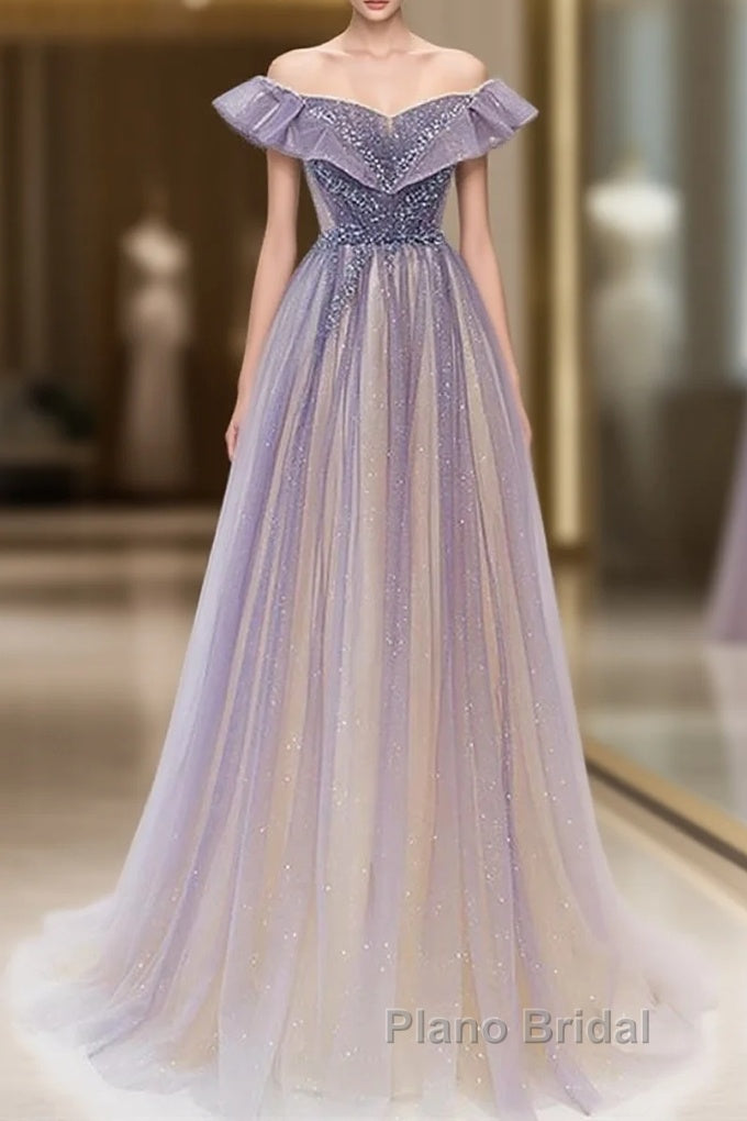 Purple Gradient A-Line Beaded Tulle Long Formal Prom Dresses, Floor Length Purple Evening Dresses Main image