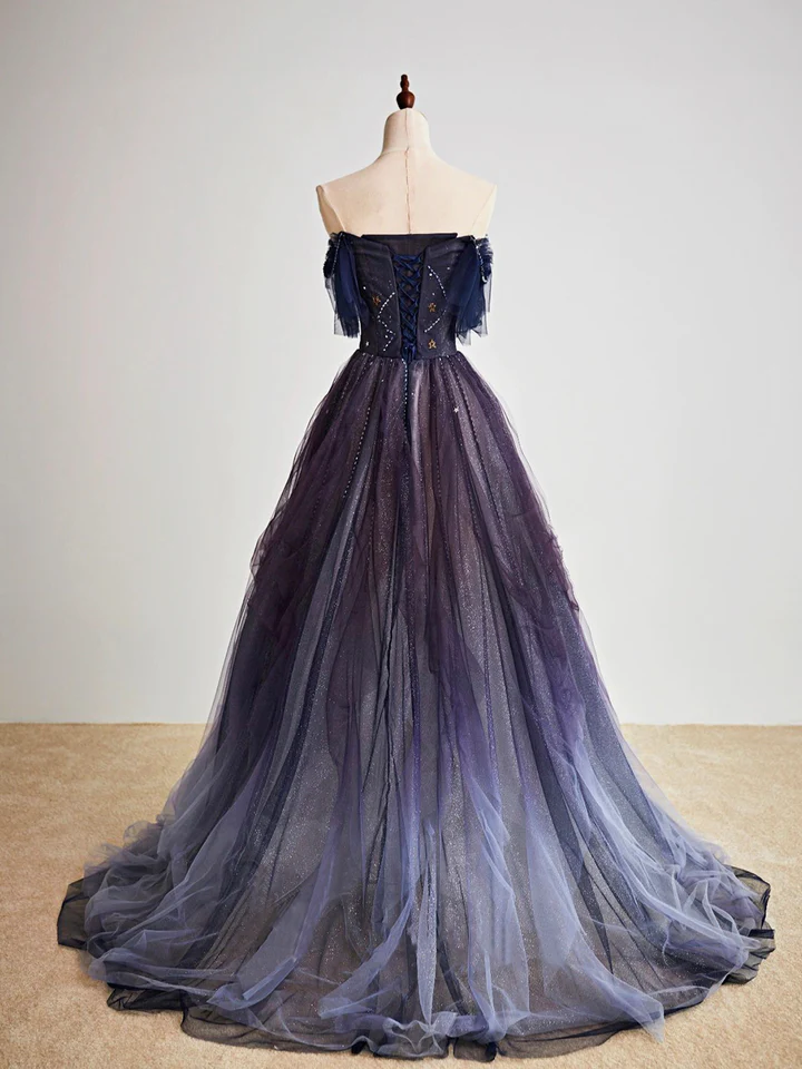 Purple Gradient Off Shoulder Beaded Sweetheart Formal Prom Dresses, Purple Long Tulle Formal Dresses Secondary image