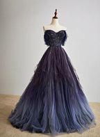 Purple Gradient Off Shoulder Beaded Sweetheart Prom Dress, Purple Long Tulle Formal Dress