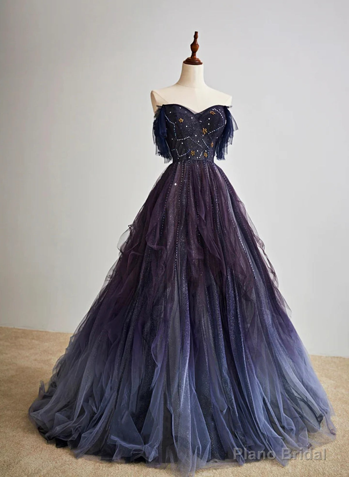Purple Gradient Off Shoulder Beaded Sweetheart Prom Dress, Purple Long Tulle Formal Dress