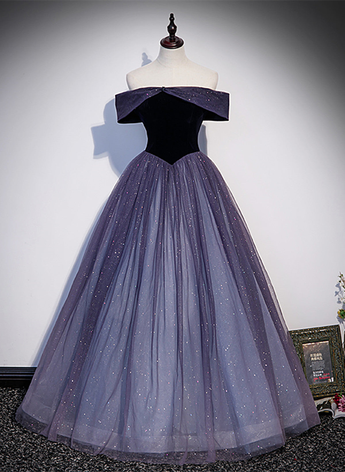 Purple Gradient Tulle Off Shoulder Long Party Dresses, A-Line Purple Formal Evening Dresses Formal Prom Dresses
