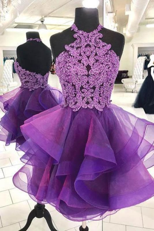 Purple Halter Asymmetrical Short Homecoming Dresses with Beading Mini Cocktail Dresses