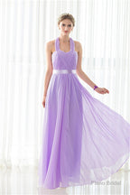 Purple Halter Chiffon Backless Pleats Long Bridesmaid Dresses