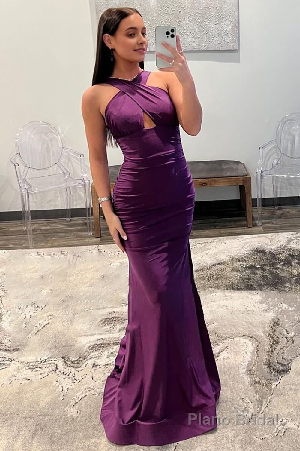 Purple Halter Neck Satin Prom Dress Main image