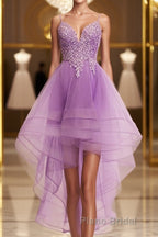 Purple High Low Lace Formal Prom Dresses, Light Purple High Low Lace Formal Homecoming Dresses