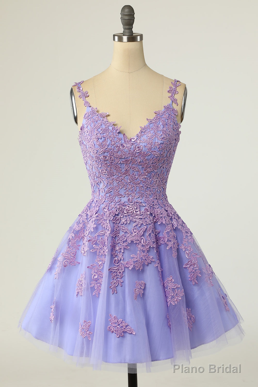 Purple Homecoming Dresses Spaghetti Straps Short Prom Dresses A-line V-neck Tulle Lace Backless Main image