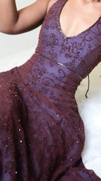 Purple Lace Halter Formal Prom Dresses Long Formal Evening Party Dresses,