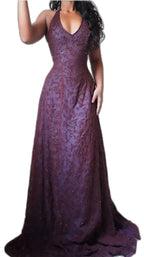 Purple Lace Halter Formal Prom Dresses Long Formal Evening Party Dresses,