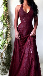 Purple Lace Halter Formal Prom Dresses Long Formal Evening Party Dresses,