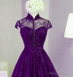 Purple Lace Knee Length Homecoming Dress, Purple Lace Short Prom Dress