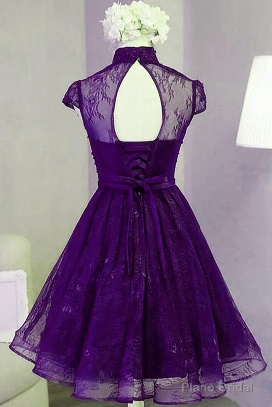 Purple Lace Knee Length Homecoming Dress, Purple Lace Short Prom Dress Secondary image