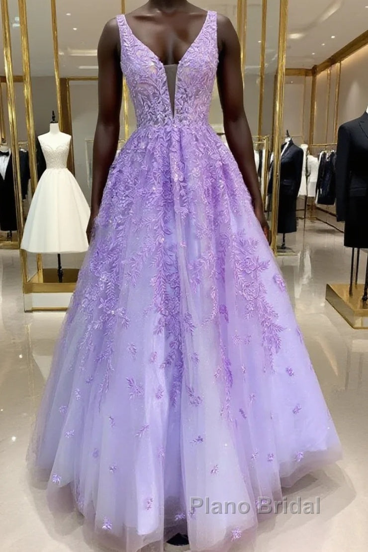 Purple Lace Long A Line Formal Prom Dresses Evening Dresses Main image
