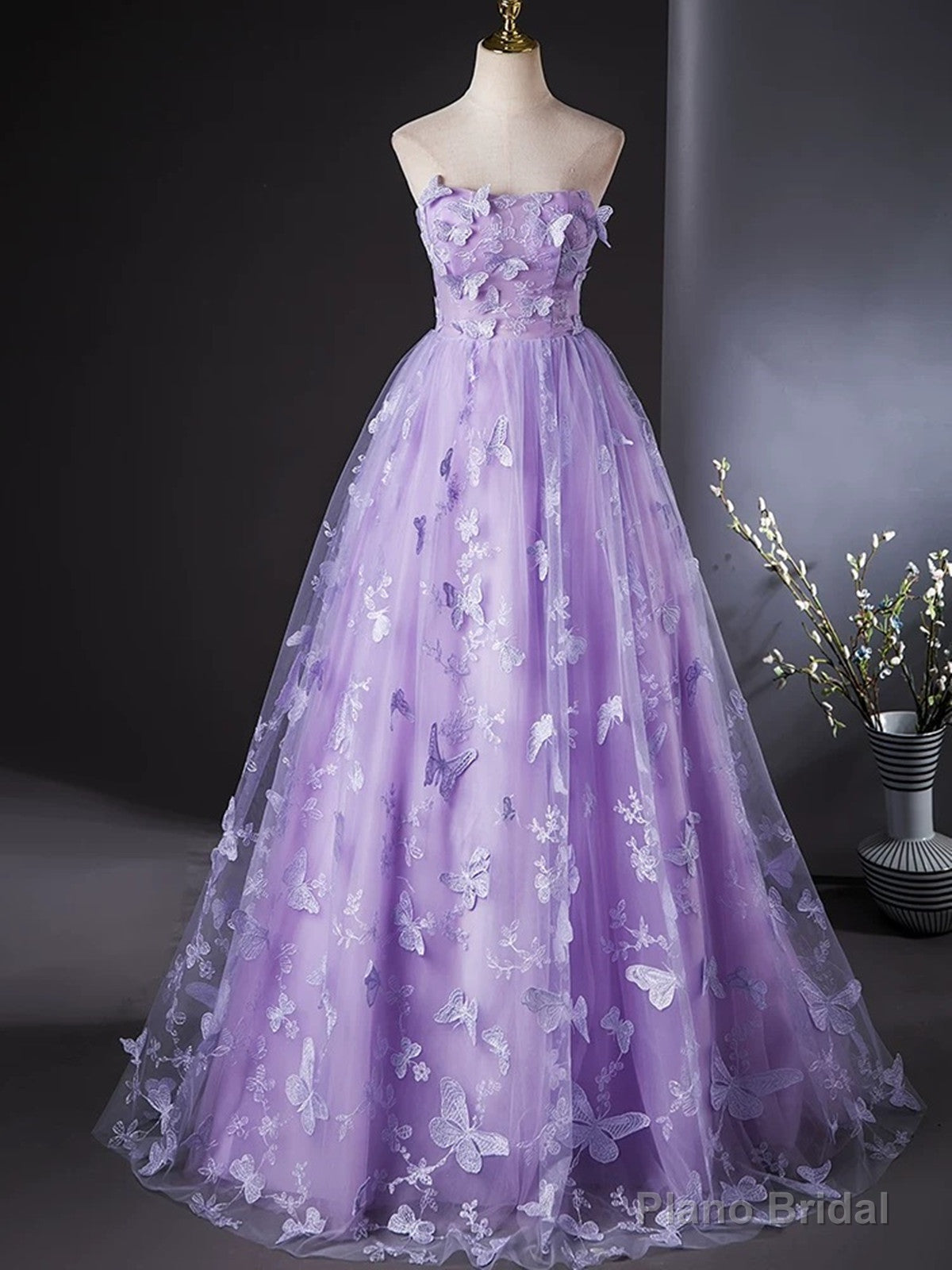 Purple Lace Strapless Floor Length Party Dress, Purple Lace Long Prom Dress Main image