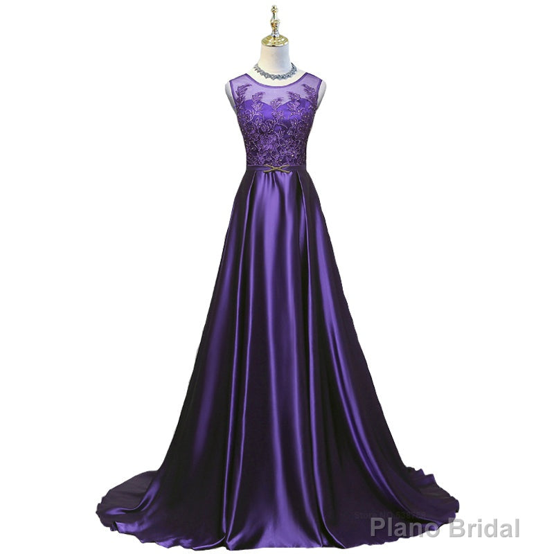 Purple Long Round Neckline Prom Dress, Satin Wedding Party Dress Main image