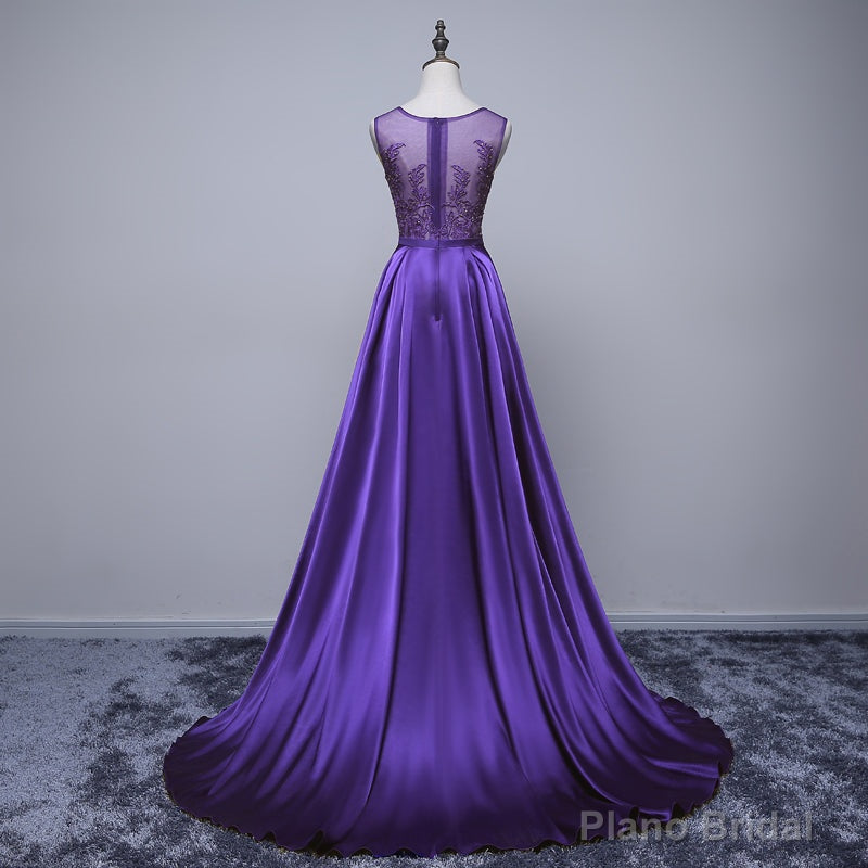 Purple Long Round Neckline Prom Dress, Satin Wedding Party Dress