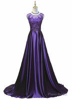 Purple Long Round Neckline Prom Dress, Satin Wedding Party Dress