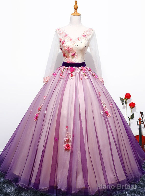 Purple Long V-neck Purple Tulle Appliques Quinceanera Dresses Main image