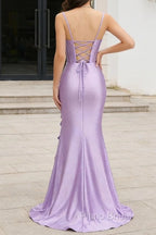 Purple Mermaid Corset Ruched Long Prom Dress with Ruffled Slit