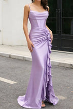Purple Mermaid Corset Ruched Long Prom Dress with Ruffled Slit