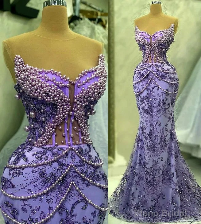 Purple Mermaid Evening Dress Beaded Formal Prom Gown