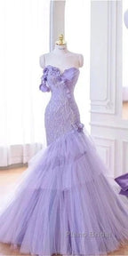Purple Mermaid Sweetheart Neck Tulle Beaded Long Formal Prom Dresses Strapless Sequin Applique Wedding Dresses