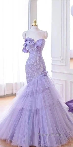 Purple Mermaid Sweetheart Neck Tulle Beaded Long Formal Prom Dresses Strapless Sequin Applique Wedding Dresses Secondary image
