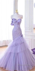 Purple Mermaid Sweetheart Neck Tulle Beaded Long Formal Prom Dresses Strapless Sequin Applique Wedding Dresses