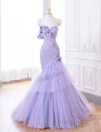 Purple Mermaid Sweetheart Neck Tulle Beaded Long Formal Prom Dresses Strapless Sequin Applique Wedding Dresses