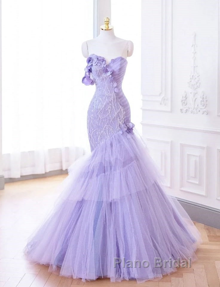 Purple Mermaid Sweetheart Neck Tulle Beaded Long Formal Prom Dresses Strapless Sequin Applique Wedding Dresses