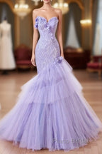 Purple Mermaid Sweetheart Neck Tulle Beaded Long Formal Prom Dresses Strapless Sequin Applique Wedding Dresses