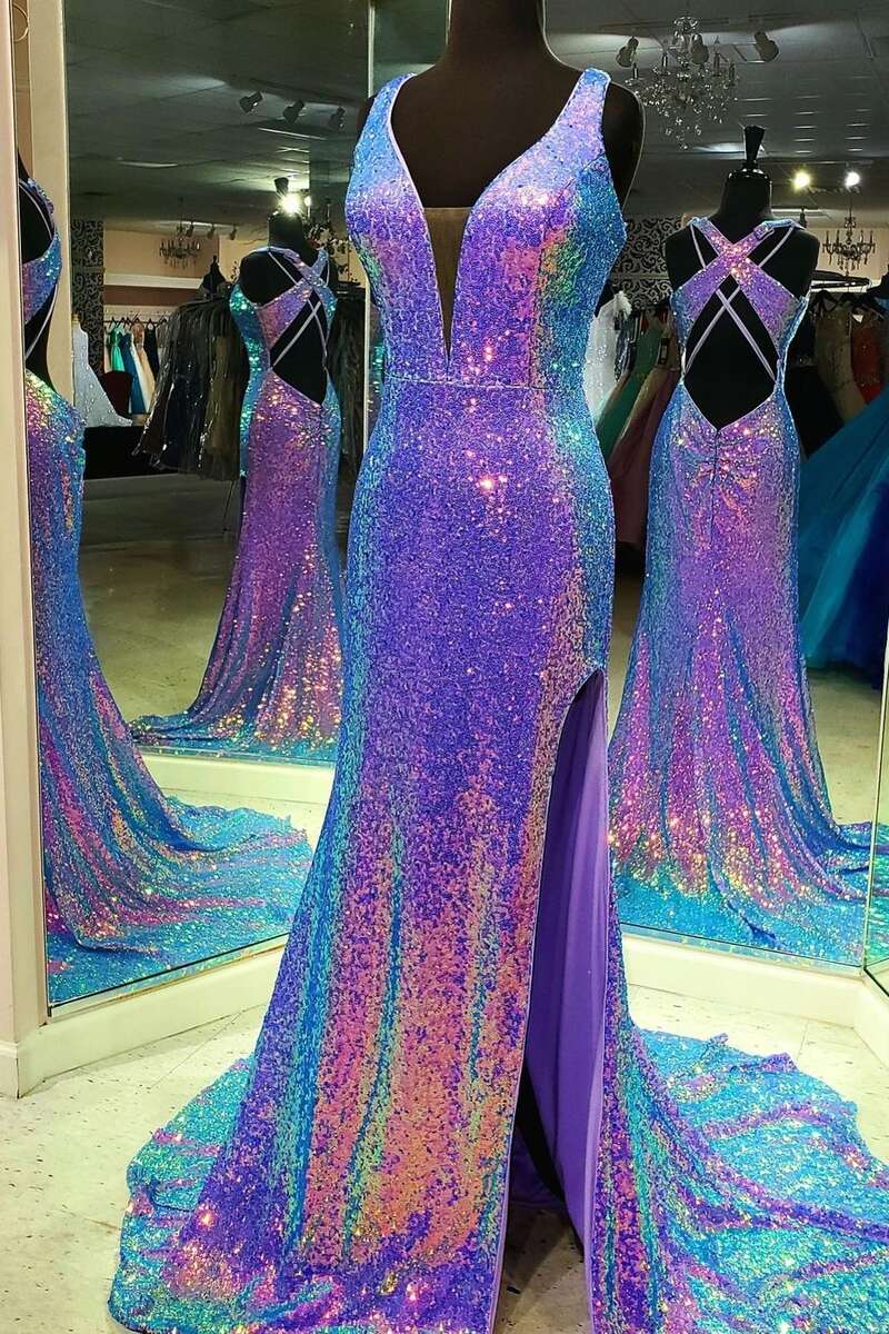 Purple Multi Sequins V-Neck Cross Back Long Formal Dresses Main image
