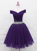 Purple Off Shoulder Knee Length Beaded Tulle Homecoming Dresses, Sweetheart Short Formal Prom Dresses