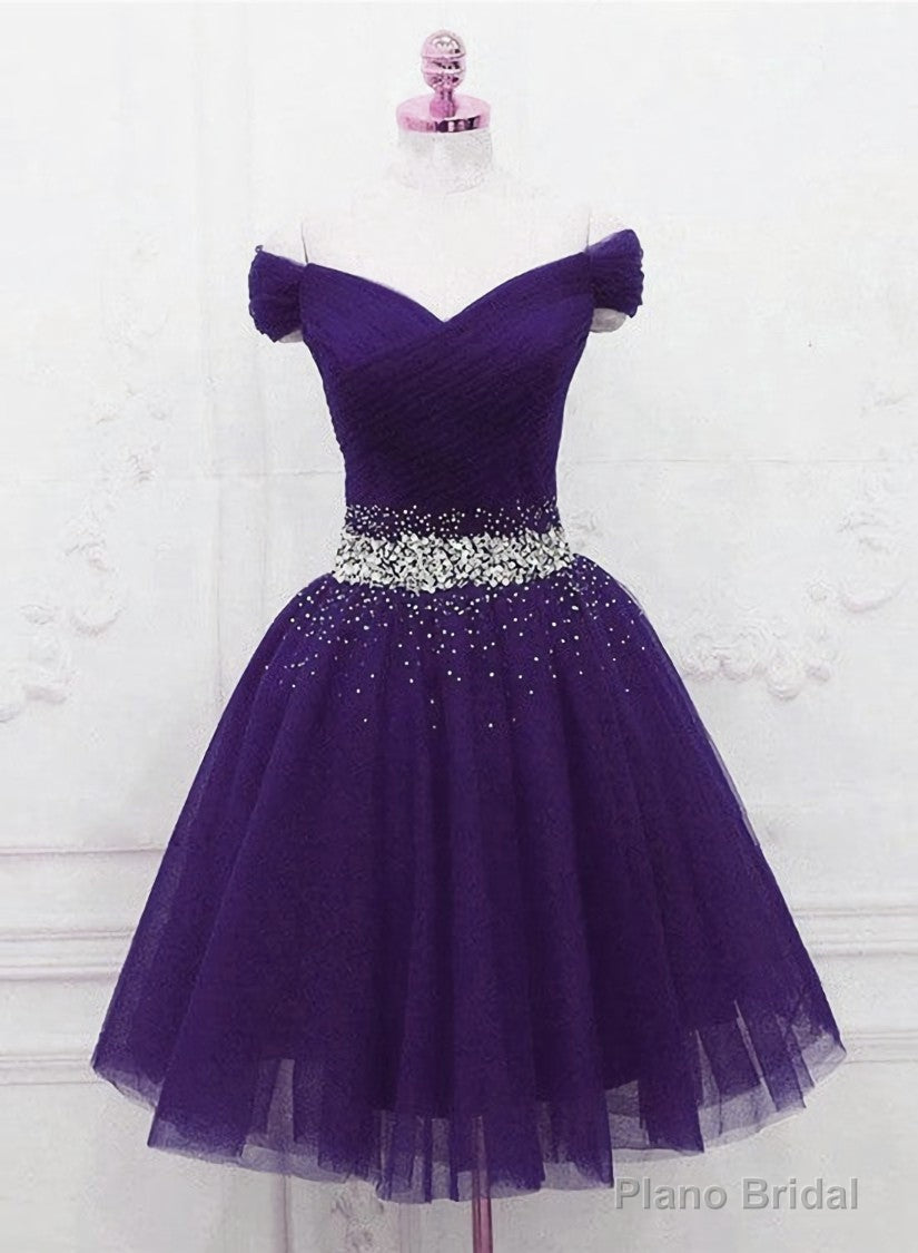 Purple Off Shoulder Knee Length Beaded Tulle Homecoming Dress, Sweetheart Short Prom Dress Main image