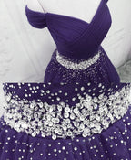Purple Off Shoulder Knee Length Beaded Tulle Homecoming Dresses, Sweetheart Short Formal Prom Dresses