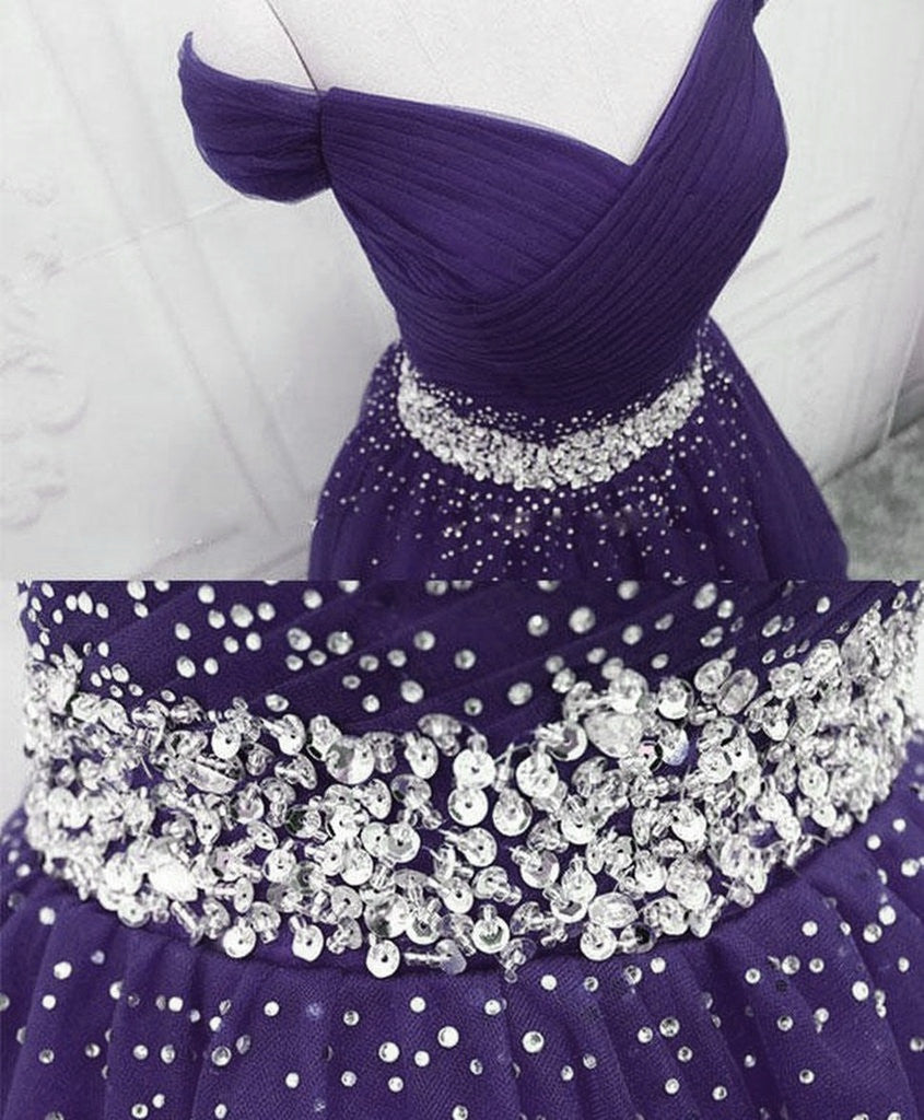 Purple Off Shoulder Knee Length Beaded Tulle Homecoming Dresses, Sweetheart Short Formal Prom Dresses