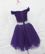 Purple Off Shoulder Knee Length Beaded Tulle Homecoming Dresses, Sweetheart Short Formal Prom Dresses