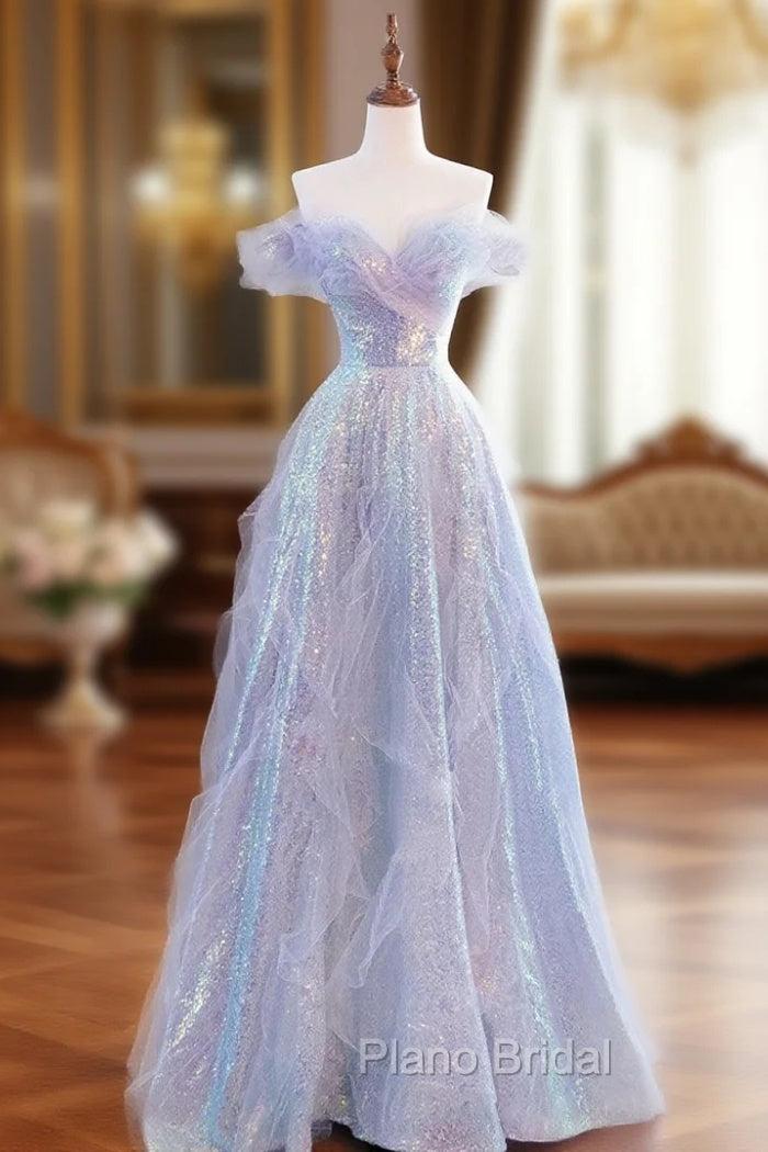 Purple Off Shoulder Sequin Tulle Long Formal Prom Dresses, Purple Formal Evening Dresses Main image