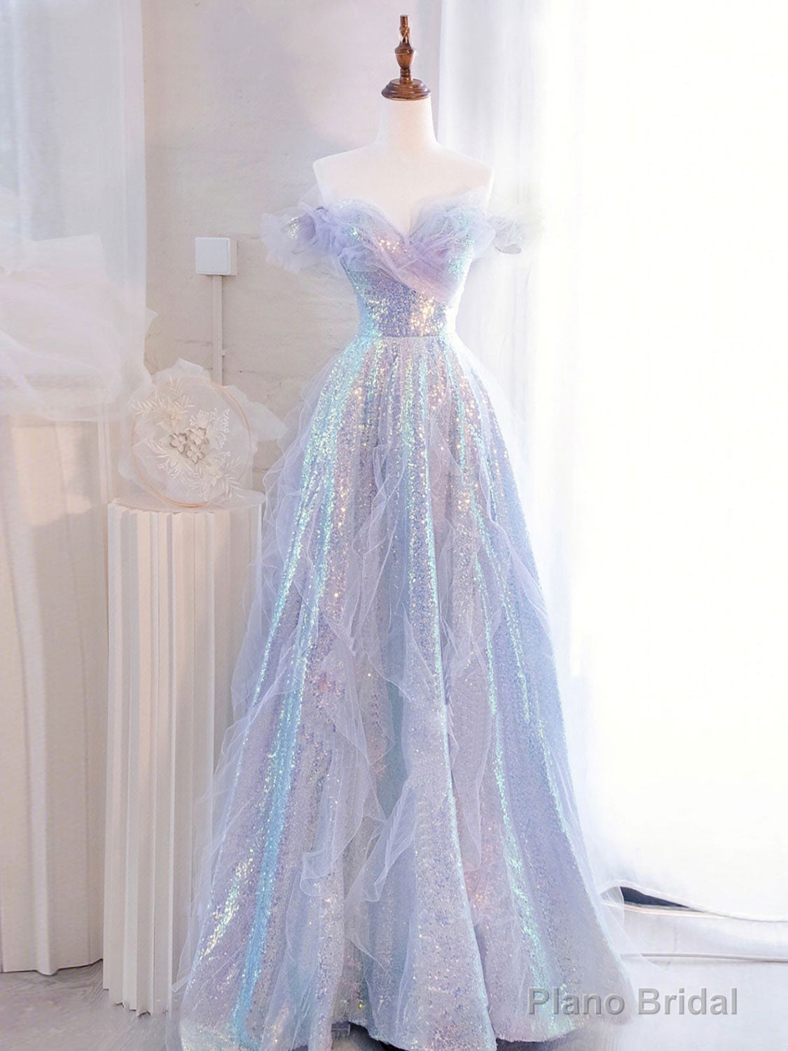 Purple Off Shoulder Tulle Sequin Long Prom Dress, Purple Formal Dress Main image