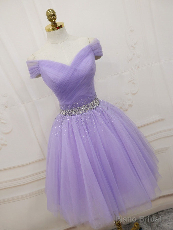 Purple Off Shoulder Tulle Sequin Prom Dress Purple Puffy Homecoming Dress Main image