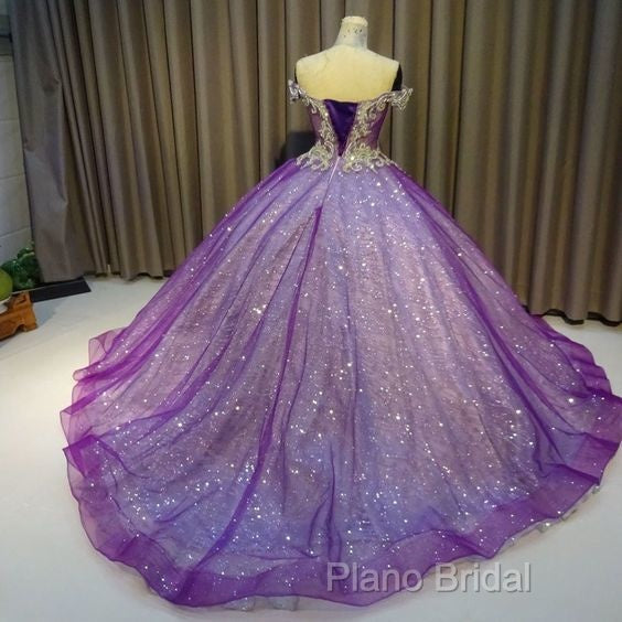 Purple Off The Shoulder Ball Gown , Bling Bling Formal Prom Dresses