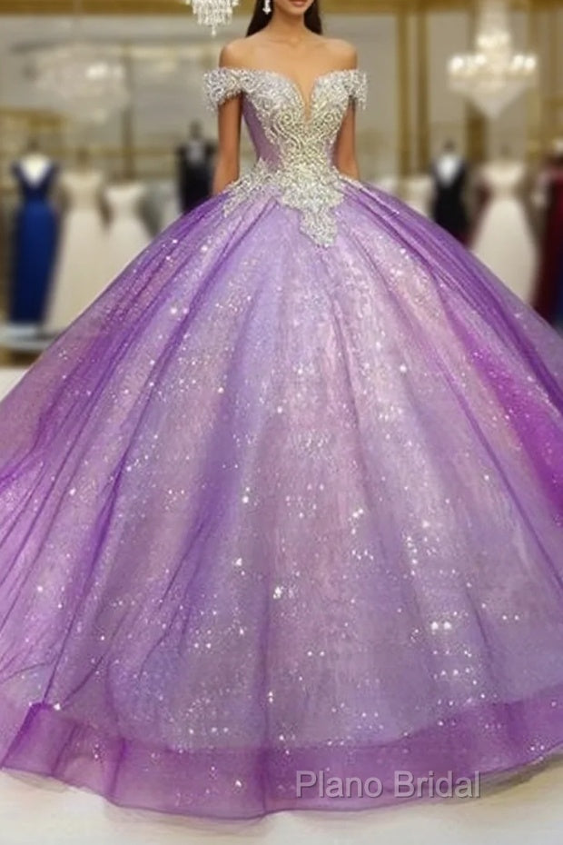 Purple Off The Shoulder Ball Gown , Bling Bling Formal Prom Dresses