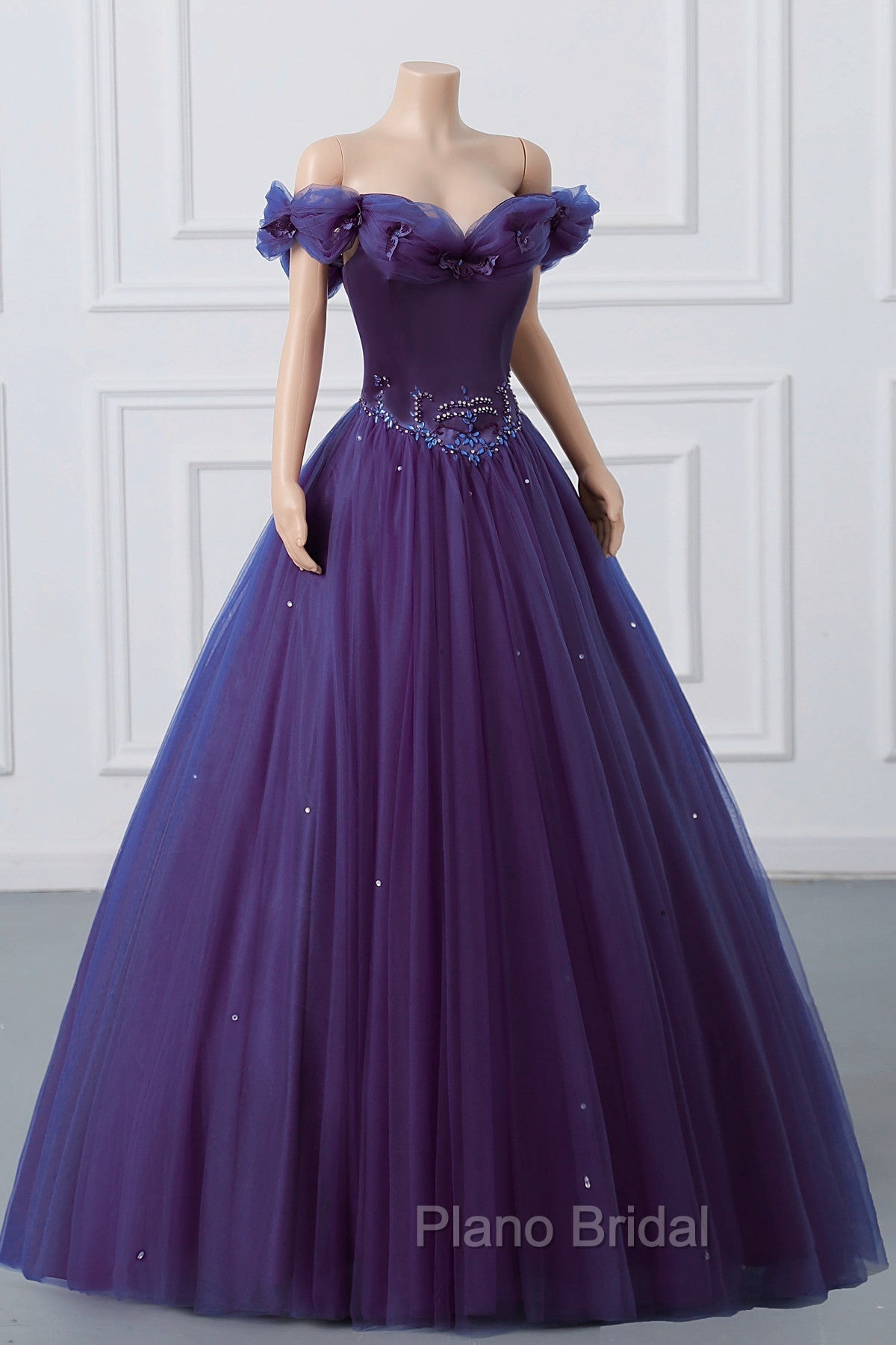 Purple Off-The-Shoulder Sweetheart Party Dresses, Beaded Flowers Ball Gown Tulle Formal Prom Dresses Secondary image