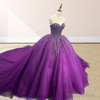 Purple Organza A Line Ball Gown Sweetheart Quinceanera Dresses