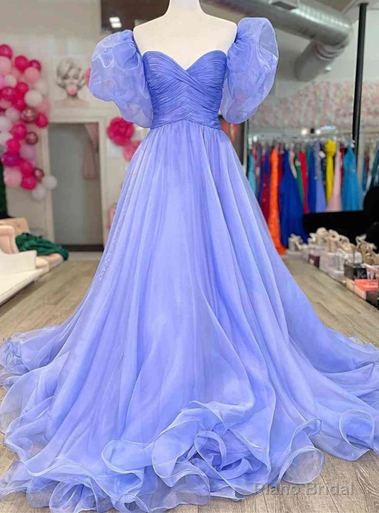 Purple Organza Puff Sleeve Pleats Prom Dress Main image