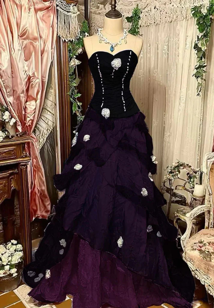 Purple Pink Blue Gradient Fashion Retro Elegant Delicate Floral Beads Sweet Elegant Long Tulle Floor Length Ball Gown Formal Evening Gown