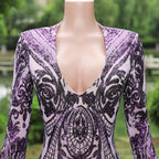 Purple Rose Prom Dresses Sequined V Neck Mermaid Evening Party Dresses Flowers Long Sleeves Pageant Gown