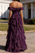 Purple Ruffled A-Line Square Neck Long Prom Dress