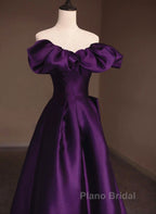 Purple Satin A-Line Off Shoulder Long Evening Dresses, Purple Satin Formal Prom Dresses