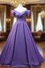 Purple Satin A-Line Off Shoulder Long Party Dresses, Purple Formal Dresses Formal Prom Dresses
